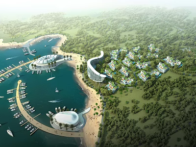 Coastal Resort Community With Waterfront Marina Round Buildings And Green Trees 3d model