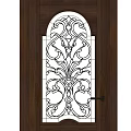 Dark Brown Swing Door With Arched Glass Window And Wrought Iron Pattern