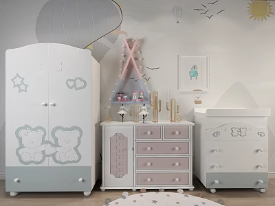 Kids Room Console Cabinet And Side Cabinet With Cartoon Bear Patterns Star Decorations 3d model