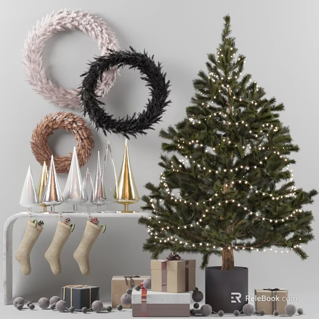 Christmas Festive Decorative Ornament Set With Wreaths Cones Stockings Tree And Gifts 3d model 