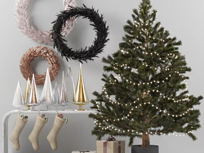 Christmas Festive Decorative Ornament Set With Wreaths Cones Stockings Tree And Gifts 3d model
