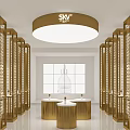 SKV Exhibition Booth With Golden Hexagonal Design Glass Facade And Innovation Beauty Interior