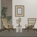 Modern Rattan Leisure Chairs In Living Room With Decorative Table Dried Plants And Woven Screen