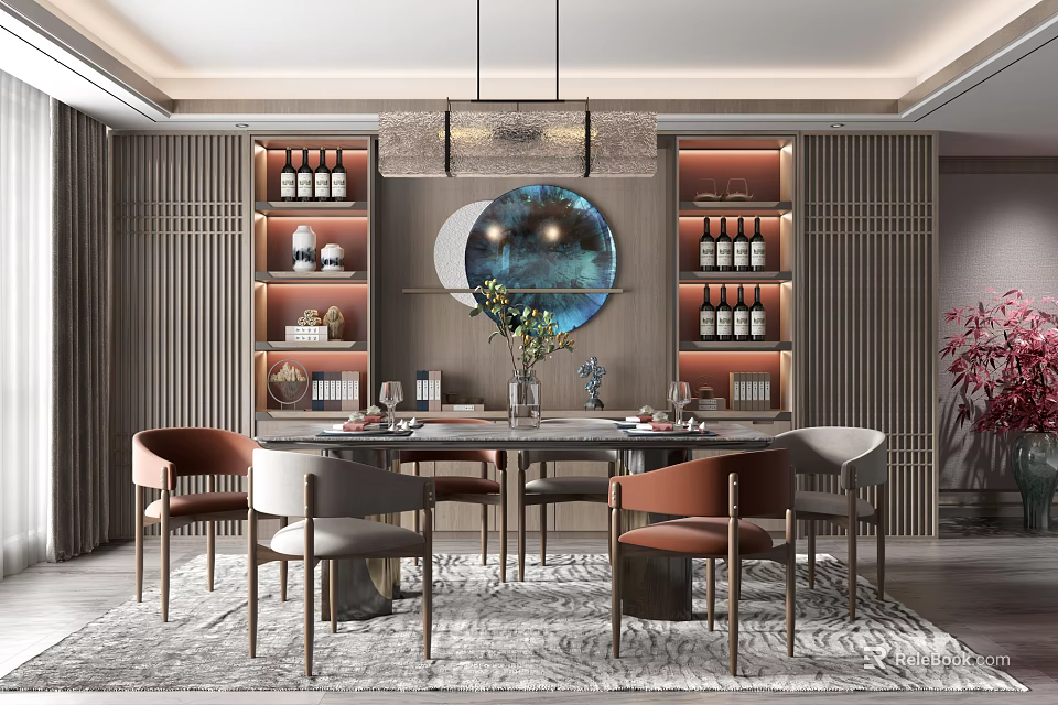 Elegant Restaurant Interior With Round Dining Table Chairs Wine Racks Decorative Painting And Pendant Lights 3d model 
