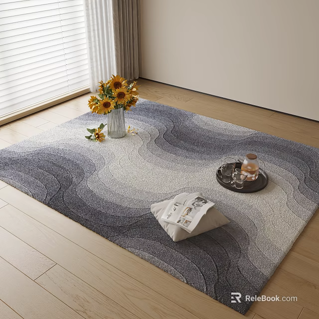 Square Blue Gray White Carpet With Wave Pattern Sunflower Bouquet Vase Tray Bottle And Magazine 3d model 