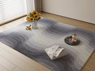 Square Blue Gray White Carpet With Wave Pattern Sunflower Bouquet Vase Tray Bottle And Magazine 3d model