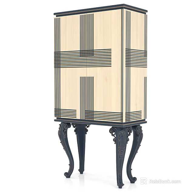 Wooden Decorative Cabinet With Black Metal Carved Legs And Geometric Line Patterns 3d model 