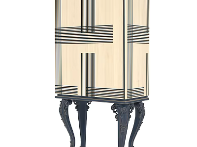 Wooden Decorative Cabinet With Black Metal Carved Legs And Geometric Line Patterns 3d model