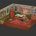 Cartoon Room Scene with Bunny at Desk Paper Globe Cabinet and Red Rug