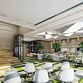 Modern Office Interior With Geometric Ceiling Large Windows Green Carpet Trees And Computers 3d model