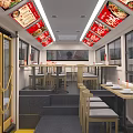 Modern Urban Red Black Bus with Large Windows and Adjacent Tables and Chairs