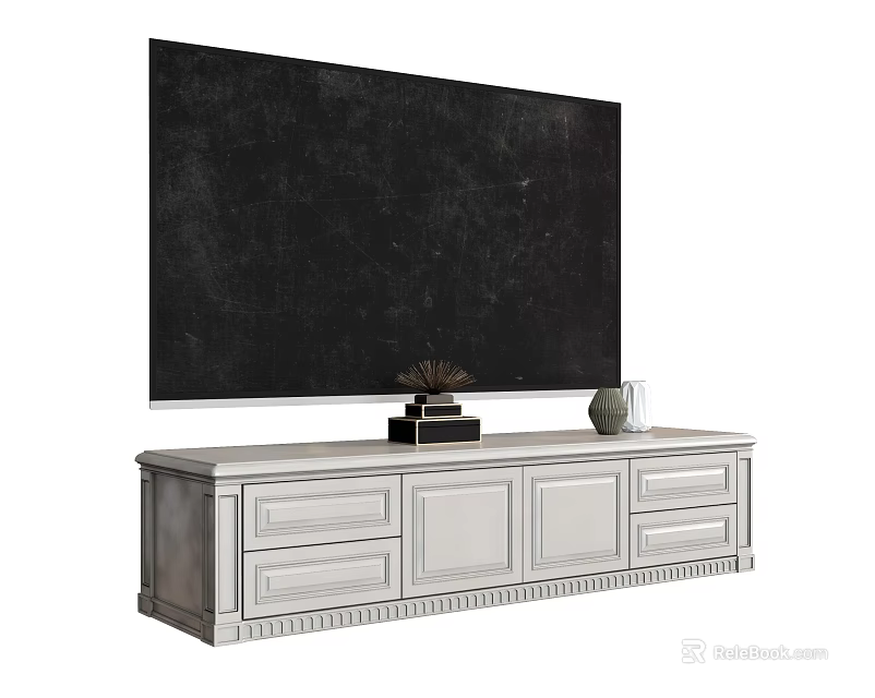 White TV Stand With Large Screen TV Drawers Cabinets And Decorative Items 3d model 