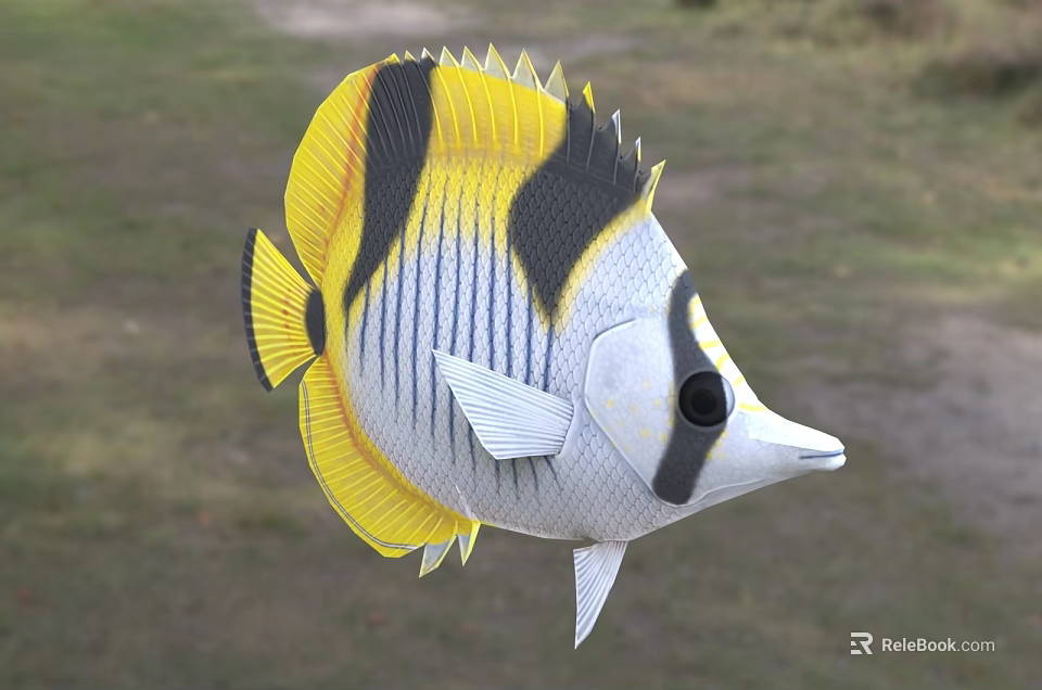 Vibrant Tropical Butterfly Fish With Yellow Black Stripes White Body And Pointed Snout 3d model 
