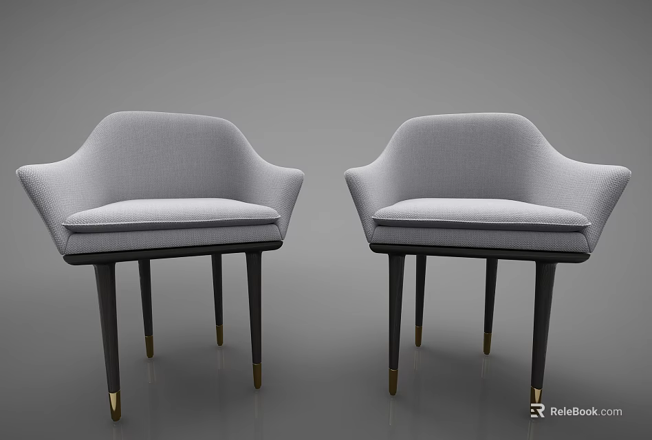 Upholstered Gray Dining Chairs With Curved Backrest Black Legs And Golden Feet 3d model 
