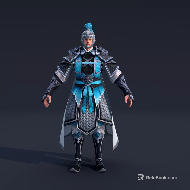 Ancient Armored Warrior Human Figure With Blue Silver Intricate Patterned Armor And Decorative Helmet 3d model