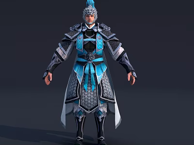 Ancient Armored Warrior Human Figure With Blue Silver Intricate Patterned Armor And Decorative Helmet 3d model