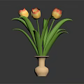 Beautiful Tulips with Yellow Red Gradient Petals Green Leaves in Light Vase on Dark Background