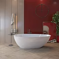 Stylish Bathroom Interior With White Freestanding Bathtub Red Wall And Herringbone Wooden Floor