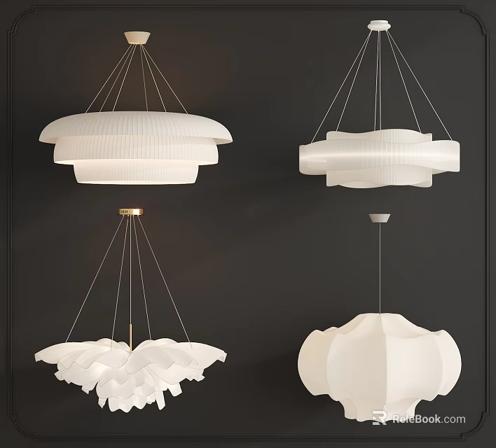 White Modern Chandeliers With Various Design Styles On Dark Wall Background 3d model