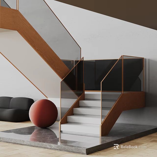 Modern Staircase Design With Wooden Frame Glass Railing And White Steps 3d model 