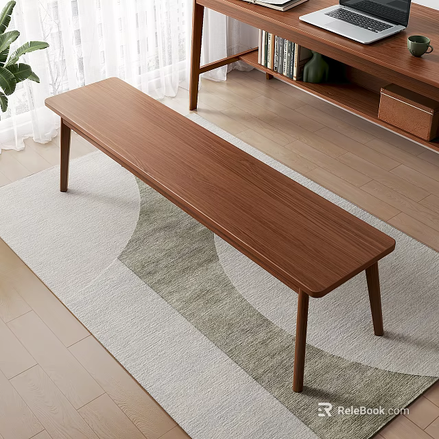 Simple Wooden Bench In Cozy Indoor Living Room With Bookshelf Green Vase And Rug 3d model 