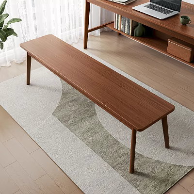 Simple Wooden Bench In Cozy Indoor Living Room With Bookshelf Green Vase And Rug 3d model