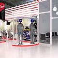 YAMAHA Exhibition Booth With White Red Striped Design And Displayed Motorcycles Screens