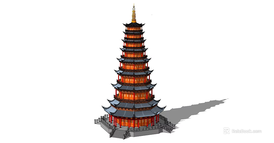 Traditional Chinese Multi Storey Pagoda Tower with Red Gold Decoration and Eaves Fence Steps 3d model 