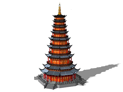 Traditional Chinese Multi Storey Pagoda Tower with Red Gold Decoration and Eaves Fence Steps 3d model