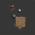 Rustic Thatched Shelter With Woven Clay Pots And White Floor Mat