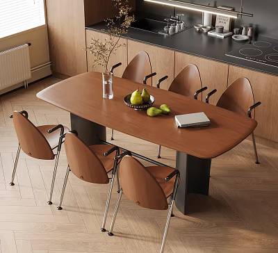 Wooden Oval Table And Brown Chairs With Metal Legs Fruit Bowl Notebook In Kitchen 3d model