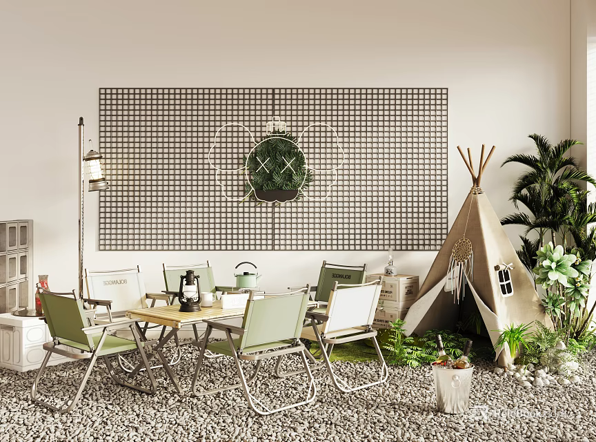 Modern Indoor Area With Green Table And Chair Set Grid Wall Art Teepee And Plants 3d model 