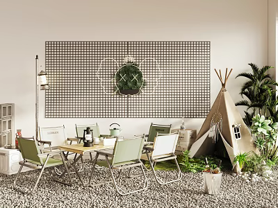 Modern Indoor Area With Green Table And Chair Set Grid Wall Art Teepee And Plants 3d model
