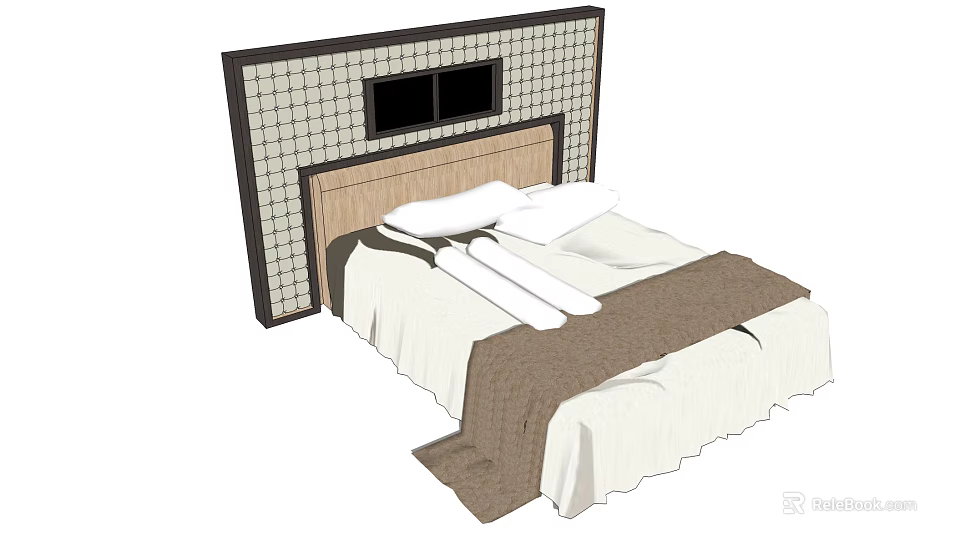 Background Double Bed With Wooden Headboard Grid Patterned Wall And White Sheets Brown Blanket 3d model 