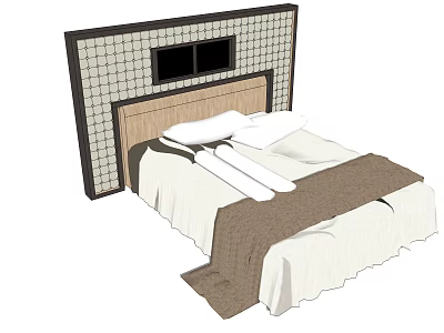 Background Double Bed With Wooden Headboard Grid Patterned Wall And White Sheets Brown Blanket 3d model