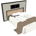 Background Double Bed With Wooden Headboard Grid Patterned Wall And White Sheets Brown Blanket