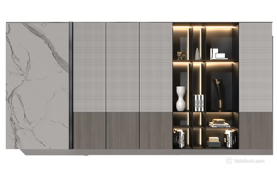 Stylish Modern Bookcase Design With Marble Texture Grid Patterned Panels Illuminated Shelves And Decorative Items 3d model