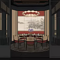 Traditional Chinese Style Private Dining Room With Round Table Chandelier Landscape Painting And Lattice Doors