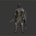 Armored Medieval Knight Character As Fantasy Creature With Sword And Shield Standing Against Gray Background