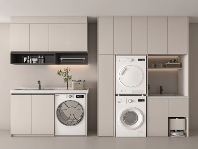 Modern Laundry Room With Stacked Washing Machines Light Gray Cabinets Countertop And Sink 3d model