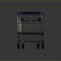 Sturdy Metal Shopping Cart With Blue Handle Wheels On Gray Reflective Background