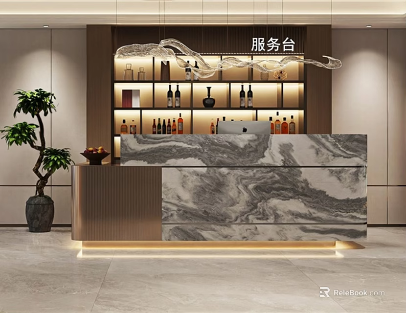 Elegant Store Front Desk with Marble Countertop Wine Rack with Bottles Computer and Potted Plant 3d model
