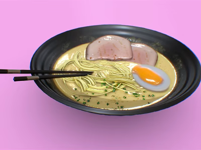Tasty Ramen Bowl With Rich Broth Noodles Chashu Pork Soft Boiled Egg Scallions And Chopsticks 3d model