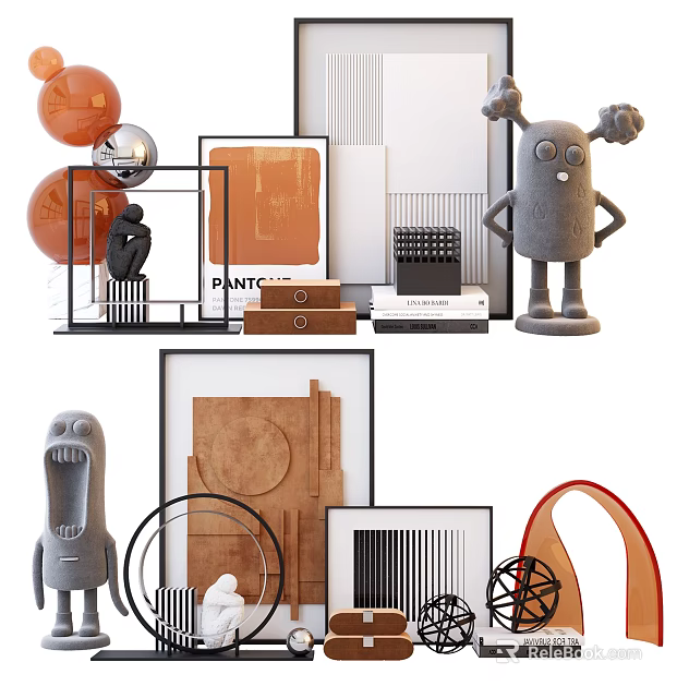 Modern Style Decorative Ornament Set With Geometric Shapes Abstract Figurines Wooden Frames And Metallic Rings 3d model 