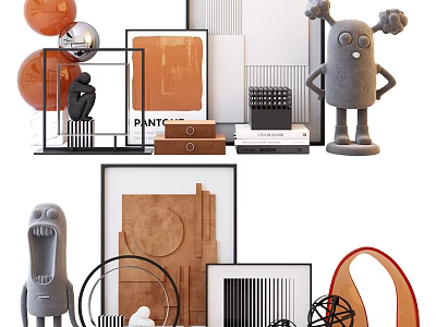 Modern Style Decorative Ornament Set With Geometric Shapes Abstract Figurines Wooden Frames And Metallic Rings 3d model
