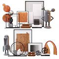 Modern Style Decorative Ornament Set With Geometric Shapes Abstract Figurines Wooden Frames And Metallic Rings