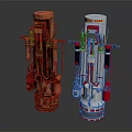 Rusted And Modern Mechanical Devices With Cylindrical Structures On Dark Background