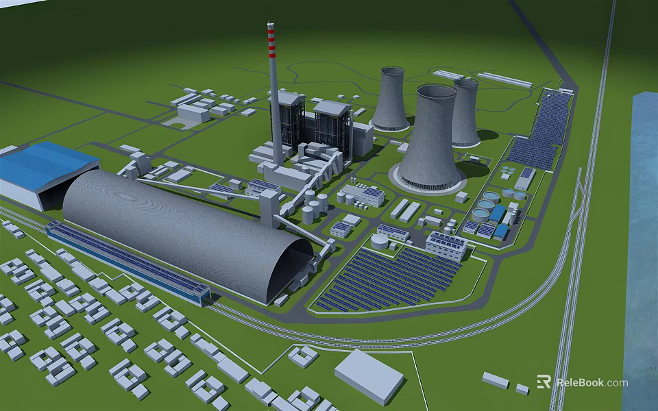 Industrial Factory Complex Featuring Cooling Towers Chimney Solar Panels And Buildings 3d model 
