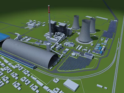 Industrial Factory Complex Featuring Cooling Towers Chimney Solar Panels And Buildings 3d model