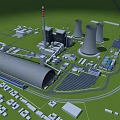 Industrial Factory Complex Featuring Cooling Towers Chimney Solar Panels And Buildings
